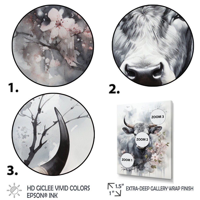 Bania, art asiatique, vache Sumi V, Cadre flottant noir, H 40 po x l 30 po x P 1,5 po