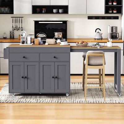 74.5 Inch Kitchen Island With Extendable Dining Table , Rolling Kitchen Island On Wheels With Spice Rack And 2 Drawers, Kitchen Storage Cart With 4 Do by Latitude Run