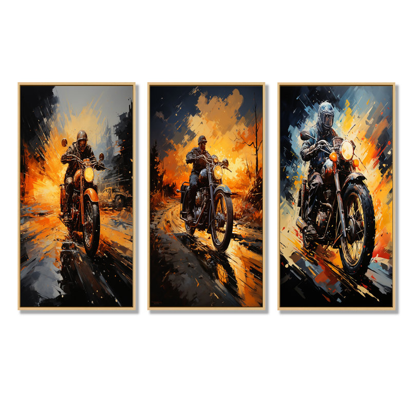 Yellow Dirt Bike Adventure - Ensemble de 3 décorations murales moto, Cadre flottant brun, H 32 po x l 48 po