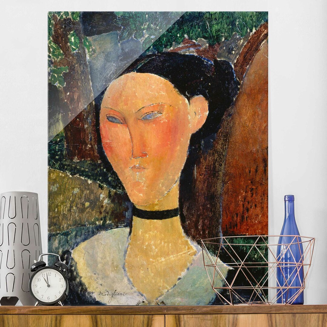 Glasbild Junge Frau mit Velourskragen von Amedeo Modigliani