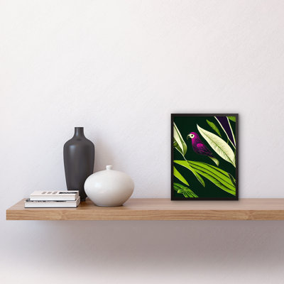 Pink Parrot Tropical Plant Leaves Linocut - Single Picture Frame Print