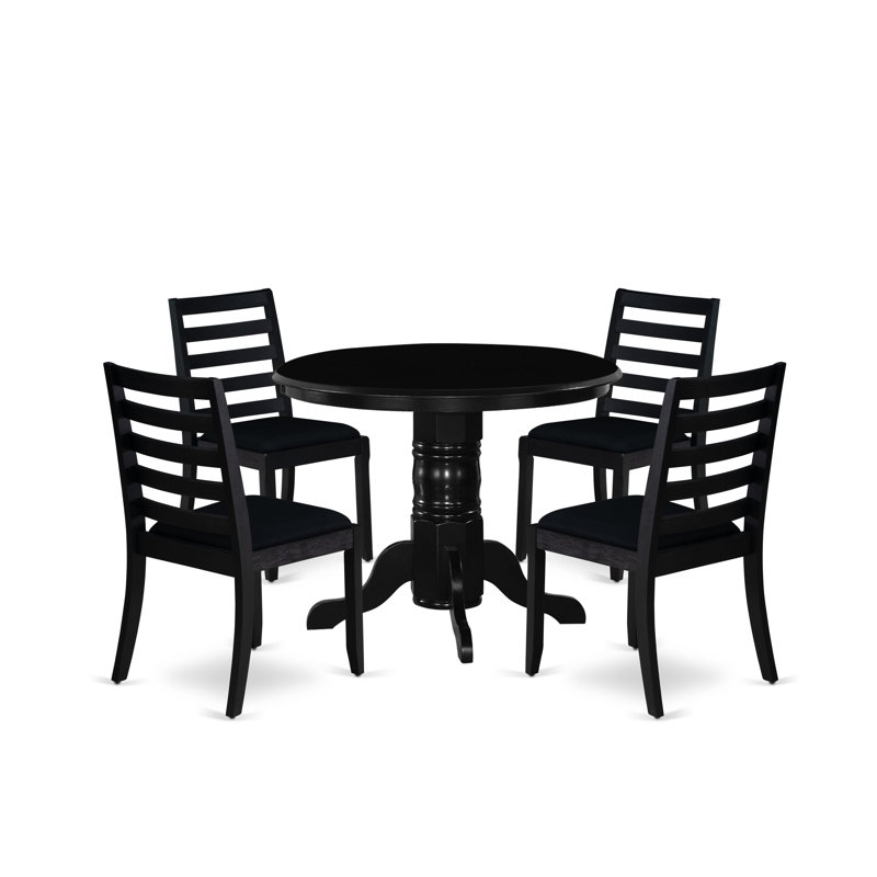 5 Piece Dining Set Includes a Round Kitchen Table with Black Tabletop & 4 Stackable Polyester Fabric Chairs, Black, 5