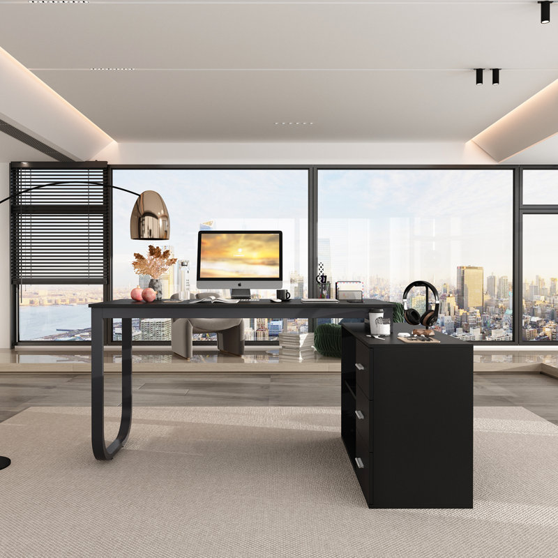 Stockseth L-Shaped Laminate Computer Desk, All Black
