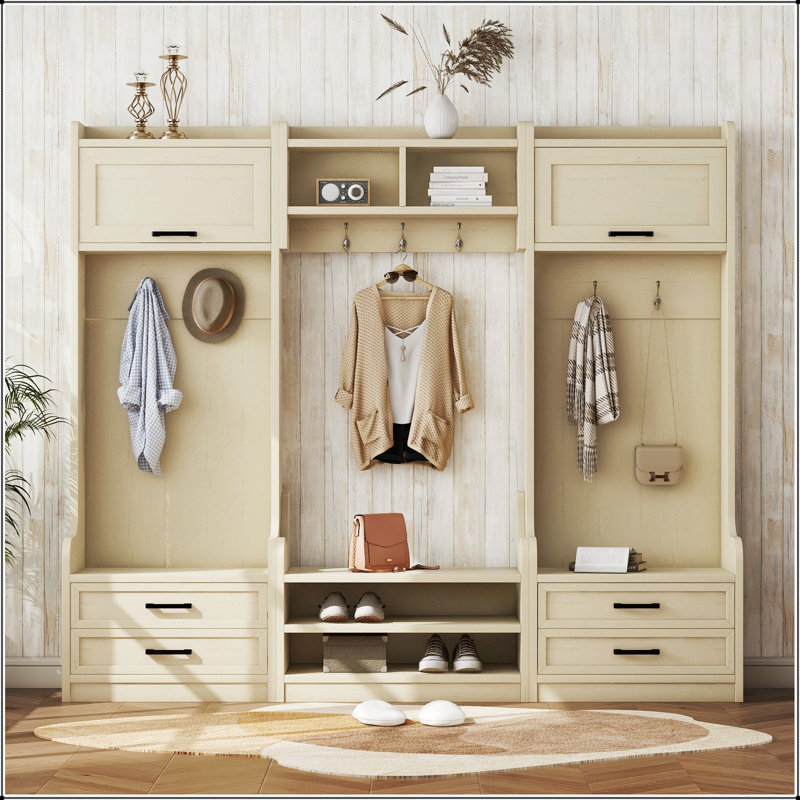4-in-1 Detachable Hall Tree with Storage and 7 Hooks, Multiple Functions Hallway Coat Rack with Storage Drawers and Cabinet, Antique Beige Shoe Bench for Entryway Hallway