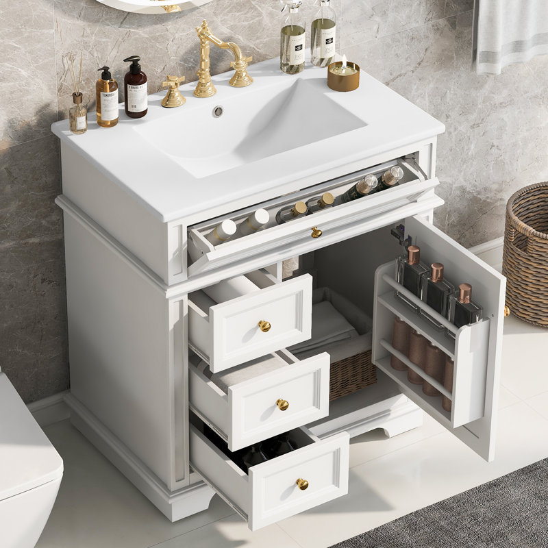 Bathroom Vanity with Sink, Three Drawers and Door Shelf, White