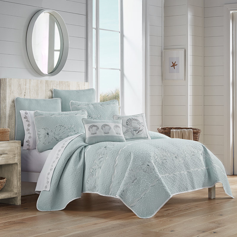 Aqua Nautical Embroidered Rectangle Throw Pillow with Shells