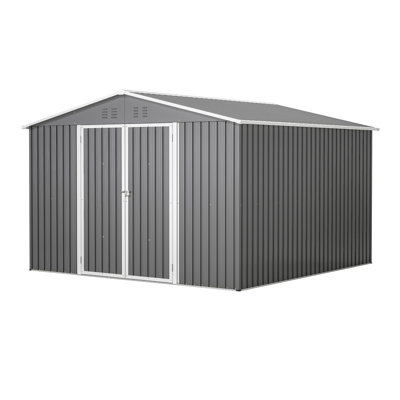Grey 10x10 Ft Outdoor Storage Shed With Strong Frame Design, Lockable Doors, Ventilation And Sloped Roof, Good For Patio Organization Galvanized Steel, Doors Protecting Belongings, Roof , Ideal
