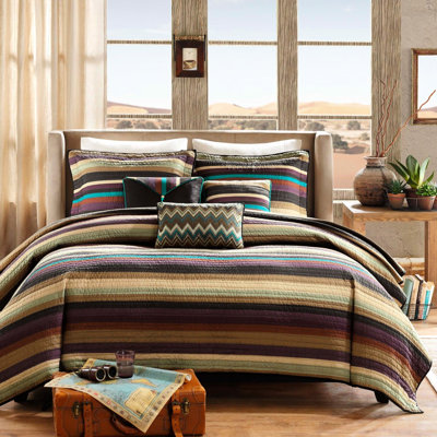 Courtepointe multicolore simple / simple TG avec fonction réversible, microfibre, fines rayures et zigzag, 3 coussins décoratifs à motif zag, décor, maille, rayures sarcelle mauve, tons décoratifs