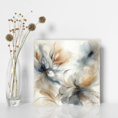 "Whispering Blossoms", art floral abstrait sur toile avec texture feuille d'or