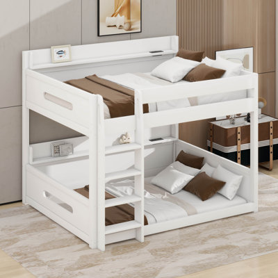 Lit superposé grand sur grand avec tablettes de rangement et ports USB, lit superposé en bois massif avec échelle et garde-corps