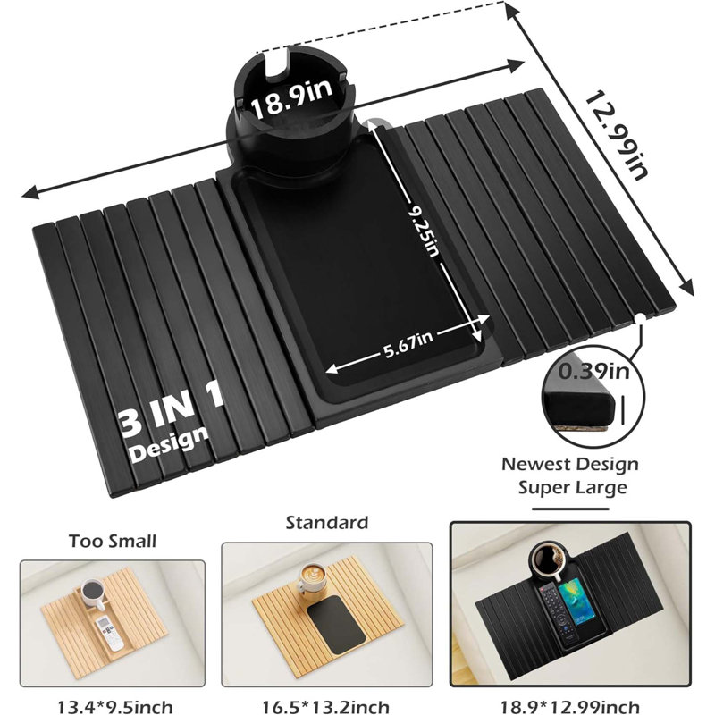 Couch Cup Holder Tray, 3 In 1 Large Couch Arm Table,Bamboo Sofa Clip On Tray Table With 360° Ratated Phone Holder For Couch,Armrest Tray For Drink,Snacks,Remote,Phone