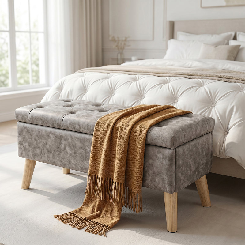 Banc de rangement avec repose-pieds et plateau de rangement intégré, repose-pieds carré avec rangement, Gris, Gris