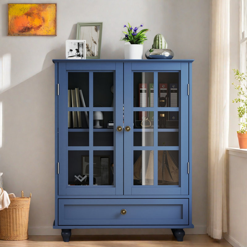 Buffet avec portes à double vitrage et tiroir, Bleu