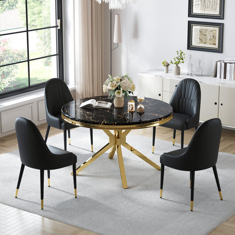 46.85" Faux Marble Top Stainless Steel Base Dining Table Set, Black/Gold, Black/Gold