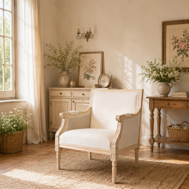 Fauteuil d'appoint français avec cadre en bois et revêtement en lin, Fabric