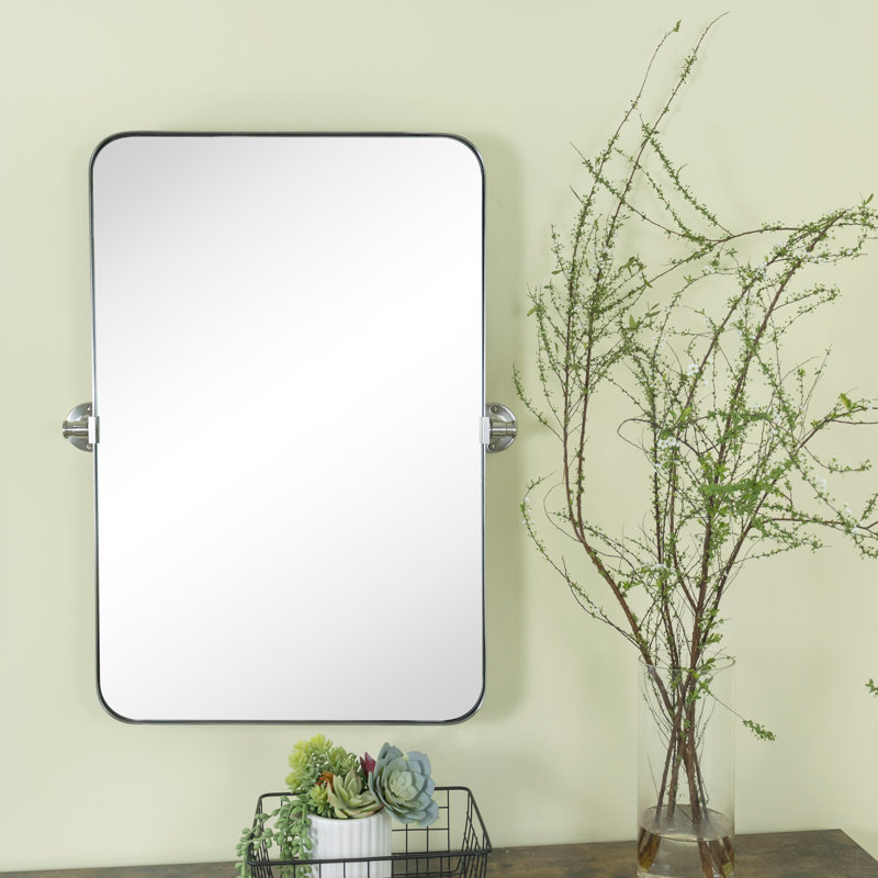 Aura Rounded 30" H x 20" W Small Rectangular Pivoting Metal Framed Wall Mounted Bathroom Vanity Mirror in Brushed Nickel