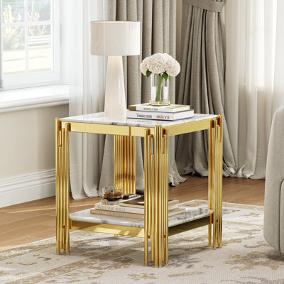 Table basse en verre pour le salon, plateau en verre rectangulaire à motif de marbre de 48 po, pieds tubulaires uniques en acier inoxydable poli, rangement à 2 niveaux
