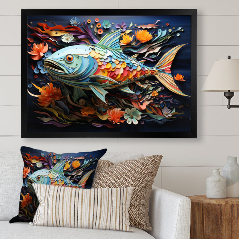 Fishing Whale Of Colors IV - Fishing Framed Canvas Print Hunting Wall Art, Black Single Picture Framed