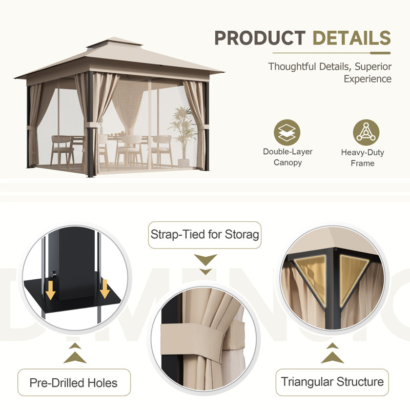 10 Ft. W x 10 Ft. D Soft Top Steel Patio Gazebo with 2-Tier Canopy and Zippered Mesh Netting for Outdoor, Patio, Garden, and Backyard Activities