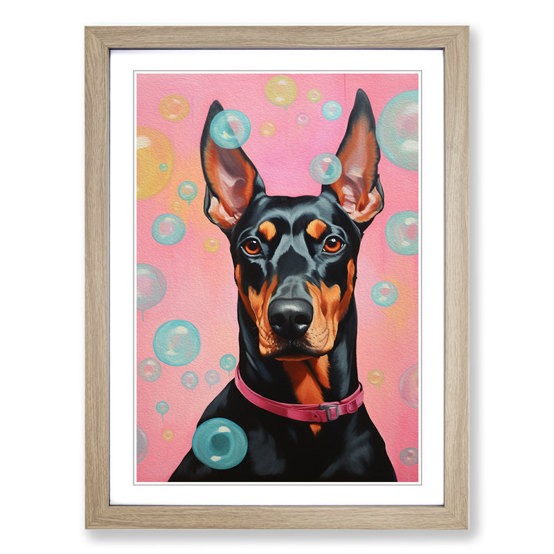 Doberman Bubble Gum Painting - Single Picture Frame Print on Wood, 46" H x 34" W x 2" D, Oak