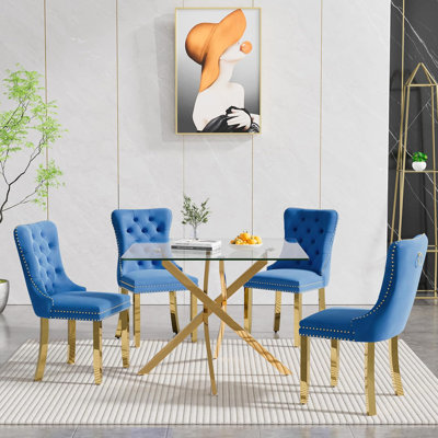 36" Square Dining Table Set for 4, Modern Glass Dining Room Table Set for 4, X-Shape Pedestal Glass Table with 4pcs Dining Chairs, 5 Piece Dining Set for Dining Living Room