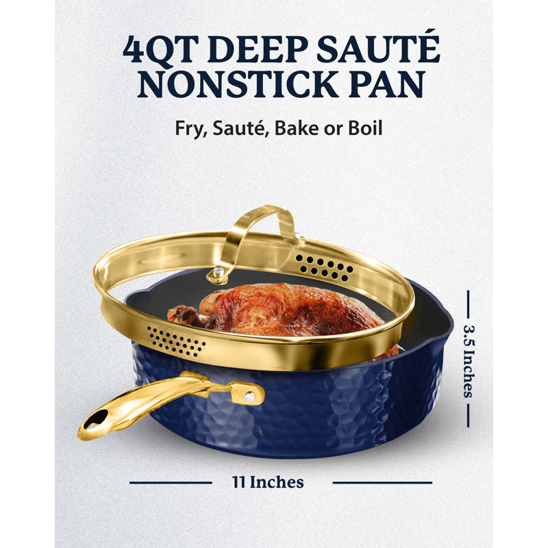 Granitestone Charleston Collection Hammered Navy 4 Qt Deep Saute Nonstick Pan with Lid