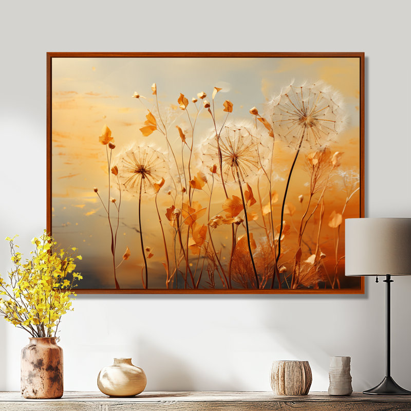 «Orange Dandelion Dreams I», reproduction d'art sur toile encadrée, 34" H x 44" W, Cadre flottant brun