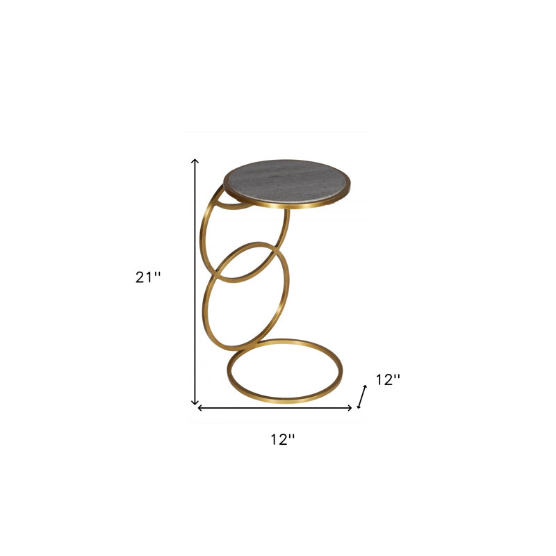 Table de bout ronde en marbre et fer 21 po or et gris