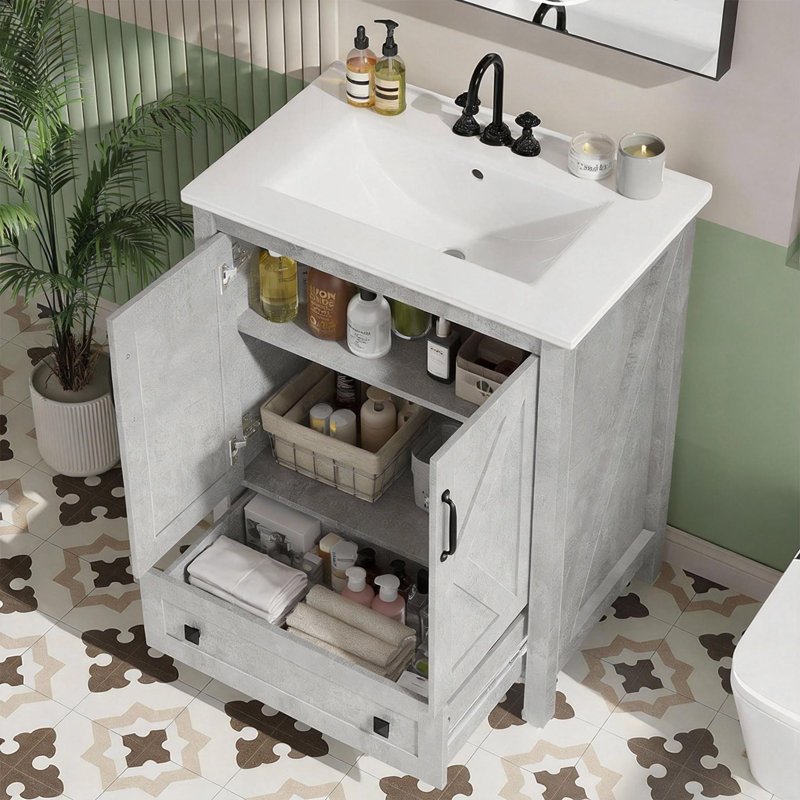 30" Bathroom Vanity with Ceramic Sink, Freestanding Modern Vanity Cabinet with 2 Doors and Storage Drawer, White