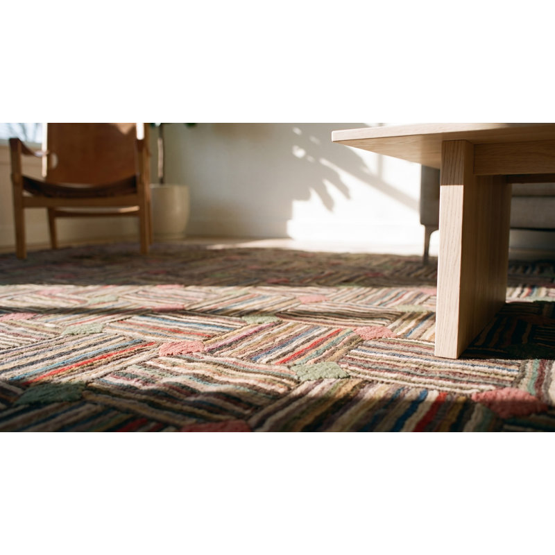 Colorful Square Room Size Antique American Folk Art Basket Weave Design Hooked Rug