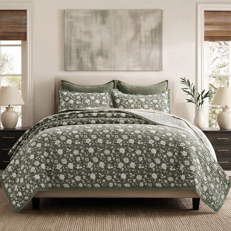 Ensemble de courtepointe réversible 100% coton, couvre-lit léger avec taies d'oreiller certifiées OEKO-TEX, literie de ferme botanique intemporelle pour toutes les saisons