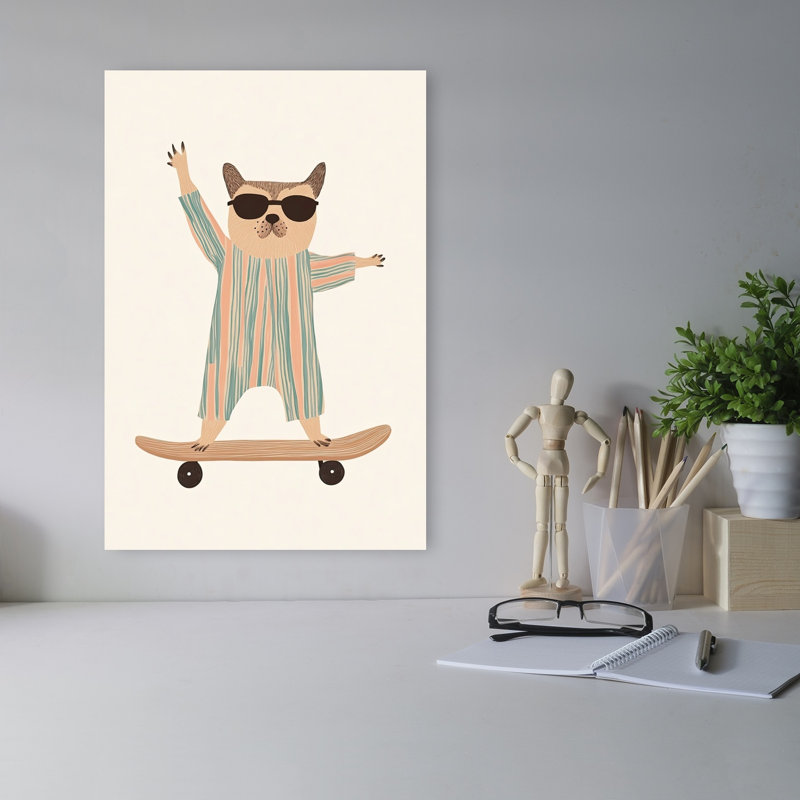 Cool Skater Pup Playful Whimsical Contemporary Cat Dog Summer Wall Art Print 1 Piece Wrapped Canvas Wall Art