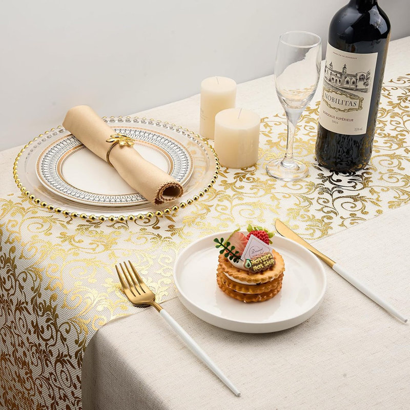 Chemin de table - blanc / or - imprimé paillettes en rotin métallique, rouleau, pour mariage, remise de diplômes et décoration de fête