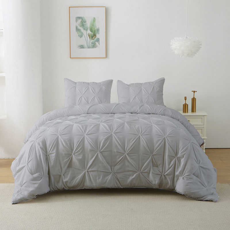 Pleat Polyester 3-Piece Comforter Set, King Comforter + 2 Pillowcases, Gray