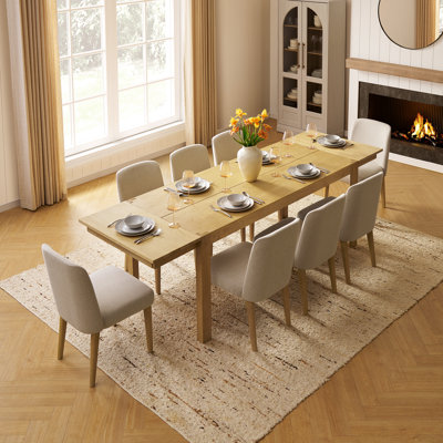 Logan Upholstered Beige Dining Chair, Modern Farmhouse Solid Wood Extendable Dining Table Set For Dining Room Kitchen
