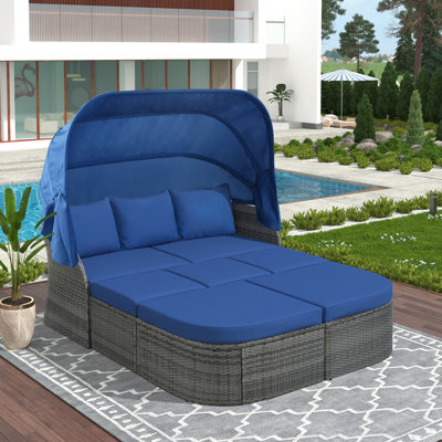  Ensemble de mobilier d'extérieur pour patio, lit de jour avec auvent rétractable, fabrication en osier, idéal pour se prélasser avec style et confort sur votre patio ou votre cour, gris