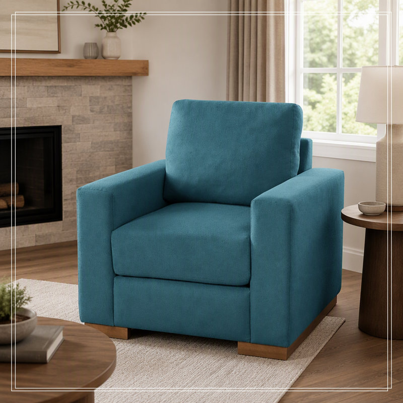 Fauteuil morse simple rembourré avec pieds en bois, Blue