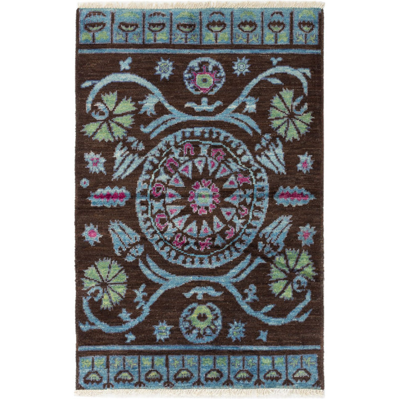 Tapis unique en laine noué à la main bleu / brun 4 pi x 6 pi années 2010 Quindon