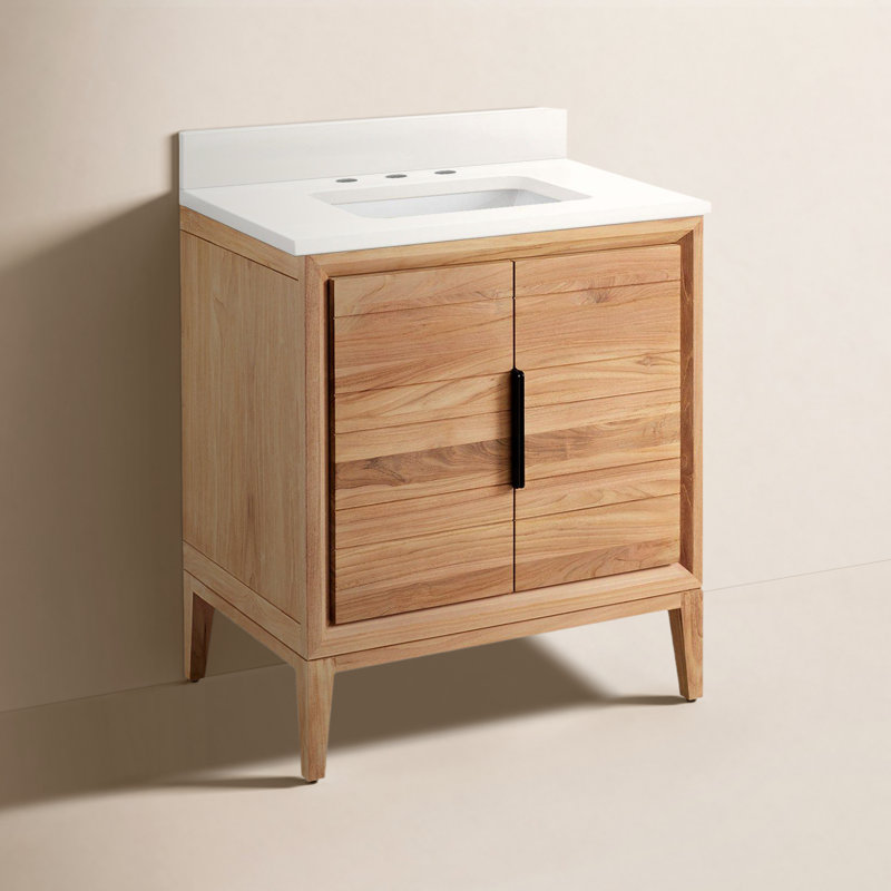30" Aliso Single Bathroom Vanity Set with Rectangular Undermount Sink, Arctic White Quartz, 8" Widespread, Natural Teak