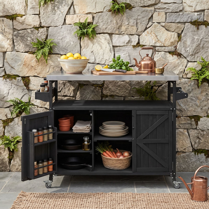 Îlot de cuisine extérieur avec chariot à roulettes avec tablettes de rangement et porte-épices, porte-serviettes