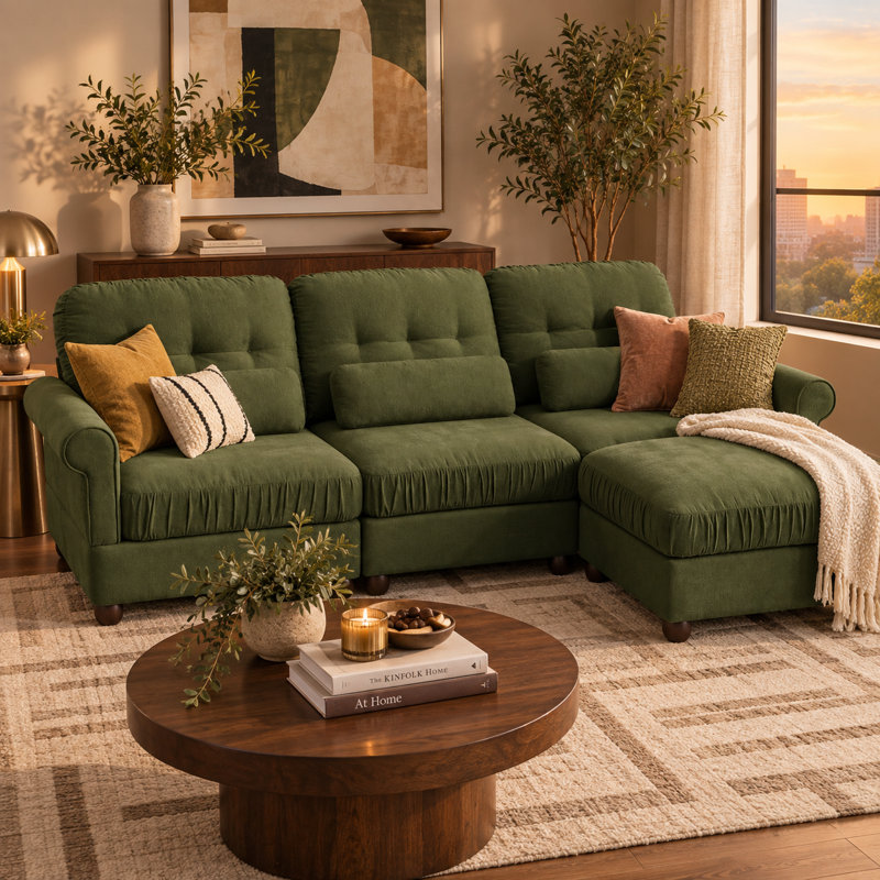 Canapé d'angle modulaire 3 places Chenvera Modern Plush en chenille avec pouf amovible, assise profonde en mousse haute densité, coussins à bords froncés, accoudoirs arrondis, dossier capitonné