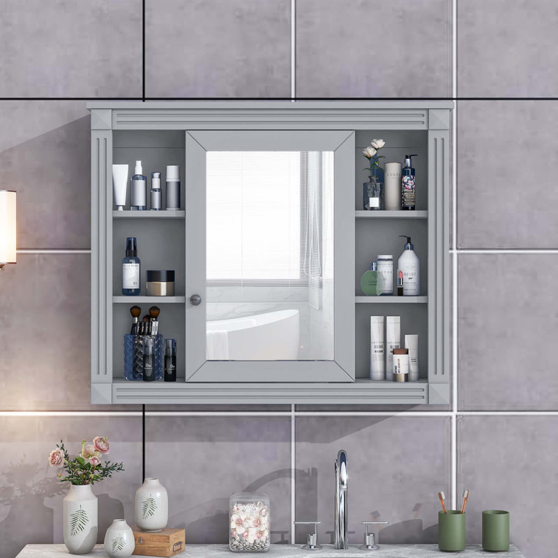 Armoire à pharmacie murale moderne avec miroir et 6 tablettes ouvertes pour salle de bain, Gris