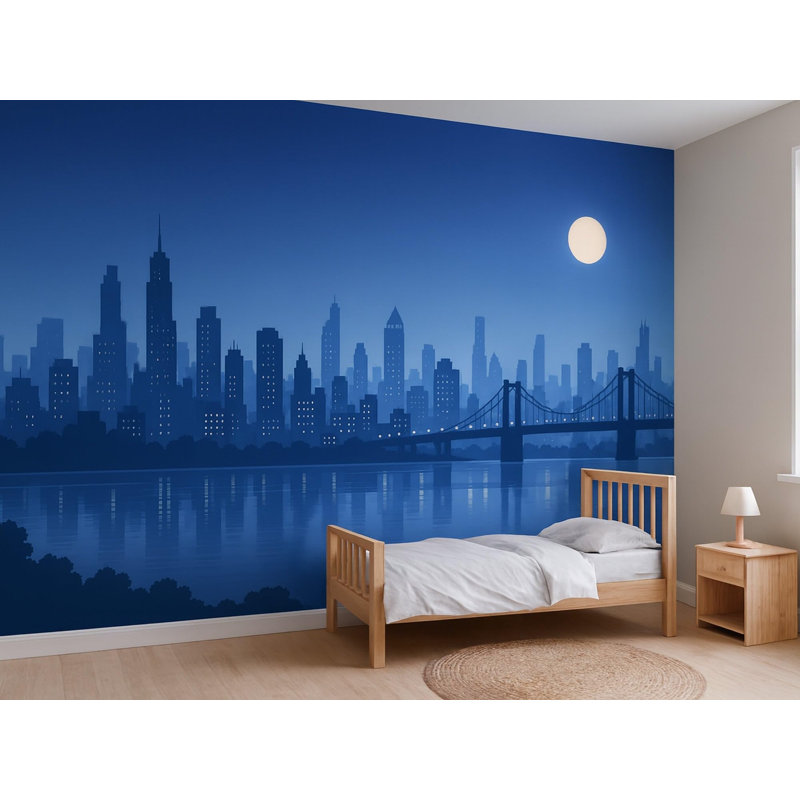 City Skyline Night Wallpaper Mural, Peel and Stick Kids Room Wall Mural, Layered Silhouette Landscape Nursery Wallpaper