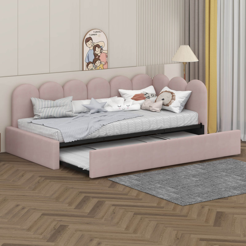 Twin Size Upholstered Daybed With Scallop-Shaped Guardrail And Pull-Out Bed, Velvet Sofa Bed, Metal Slatted Frame, Space-Saving Design