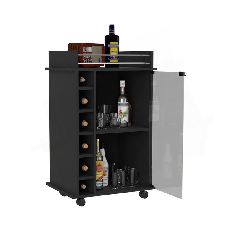 Chariot-bar Baltimore, armoire à deux niveaux avec porte en verre, six casiers à vin, Noir
