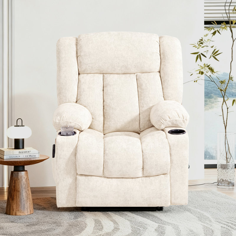Power Lift Zero Gravity Recliner With Massage Heat Cup Holders  Side Pocket and USB Port, Beige, Chenille