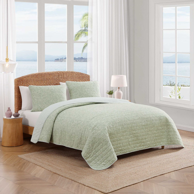 Ensemble de courtepointe réversible en coton Tommy Bahama Caicos Isle Green, Courtepointe très grand et 2 très grandes taies 