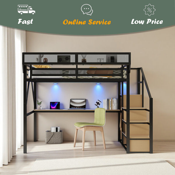 Harriet Bee Queen Loft Bed With Desk And Charging Station, Queen Size ...