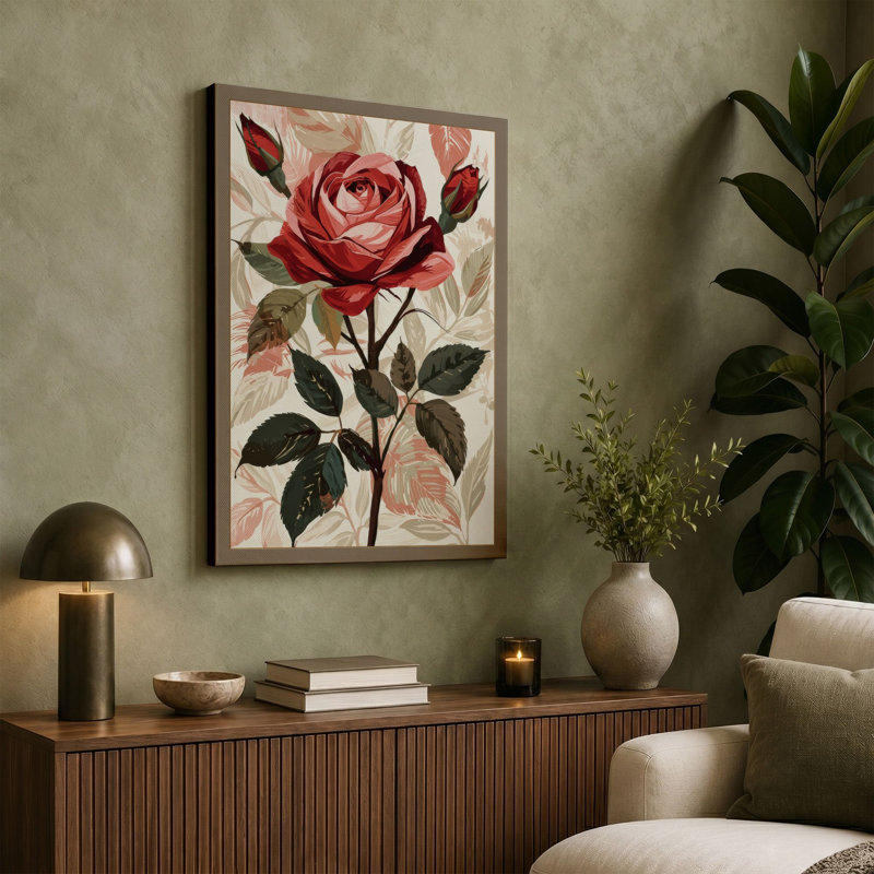 Crimson Rose Study Botanical - Wrapped Canvas, 18x12 - 45.7 x 30.5 cm, Taupe Border