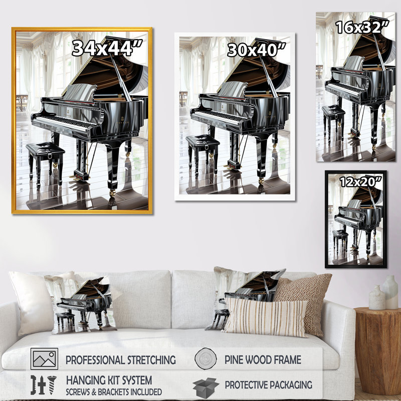 Midnight Black Piano Tranquility I - musique, art mural, Cadre flottant doré, H 32 po x l 24 po x P 1 po